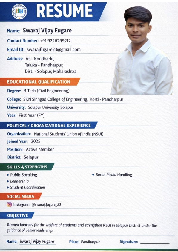 Preview of Swaraj Fugare resume PDF